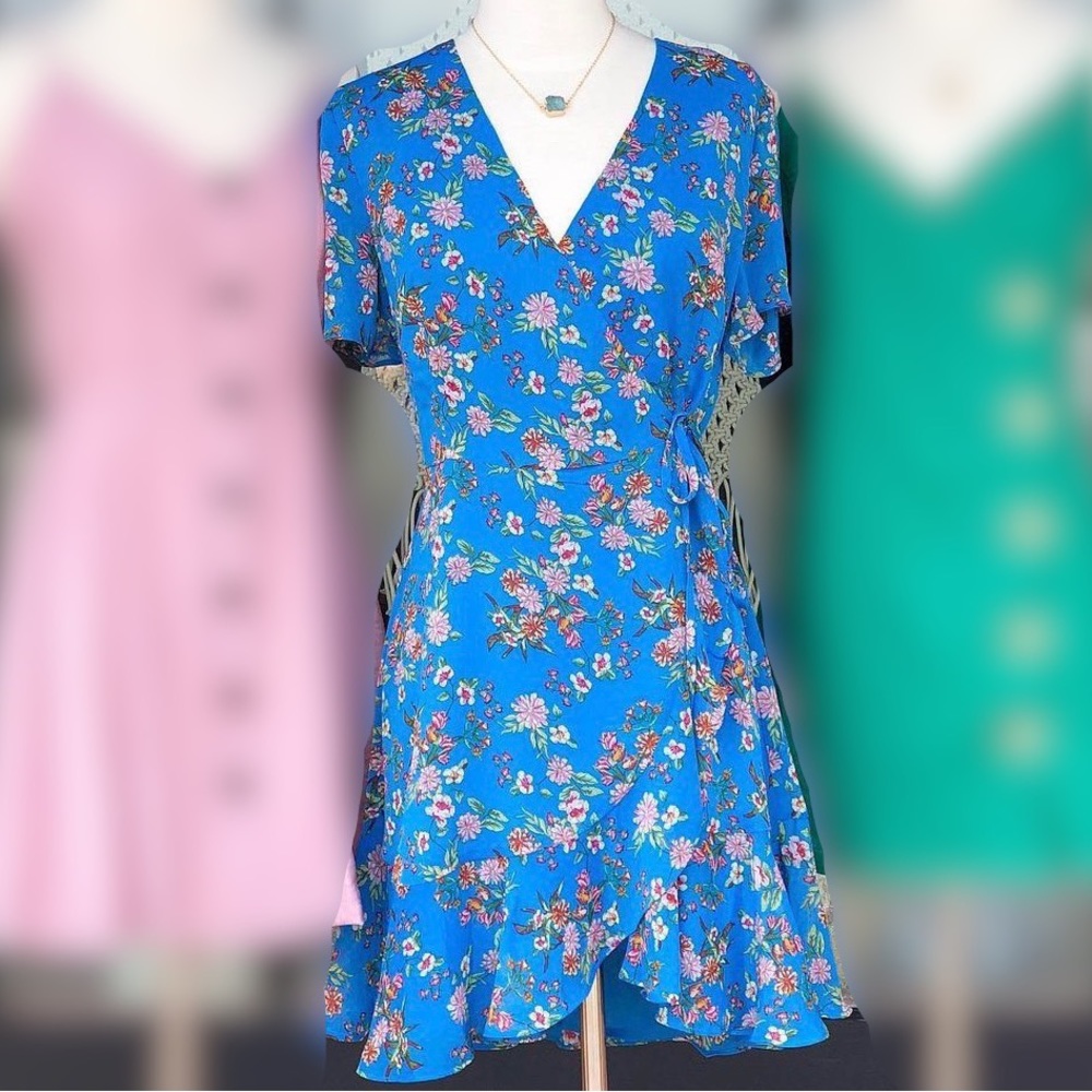 LUSH Blue Floral Chiffon Ruffle Wrap Dress